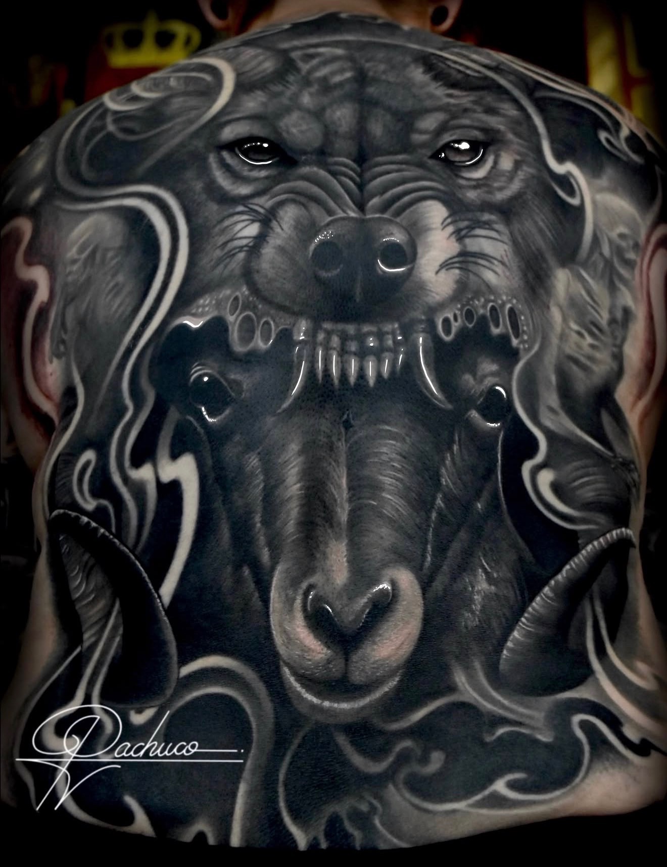 Pachuco black-and-grey elephant back-piece tattoo